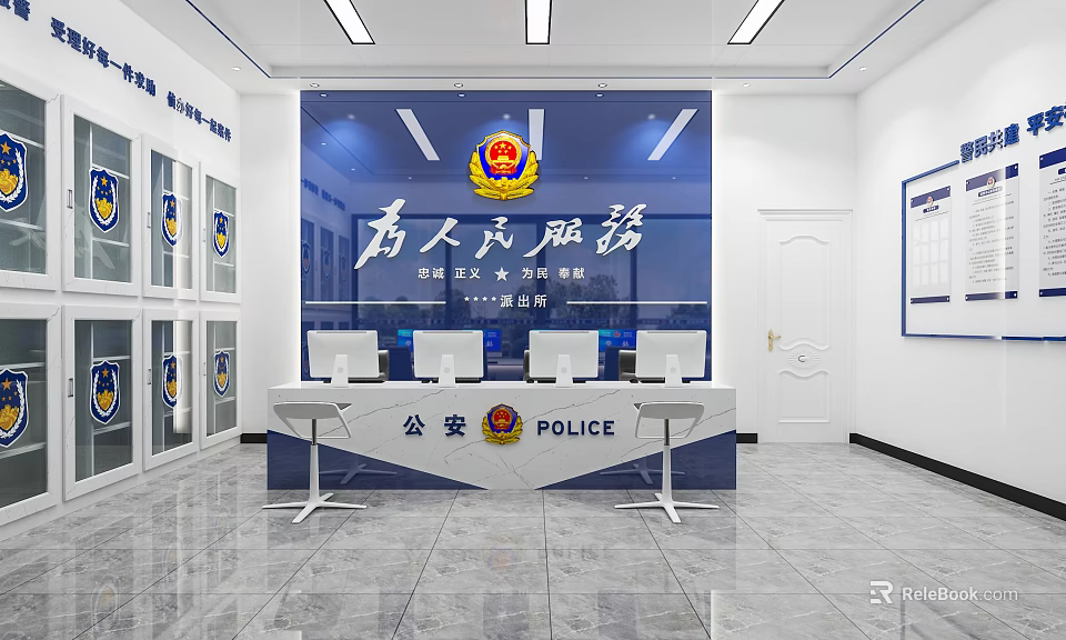 Police Office Interior With Workstations Cabinets Service Banner And Official Signage 3d model 