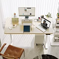 Bright Modern Study Room With Wooden Desk Computer Monitor Bookshelf And Green Plant