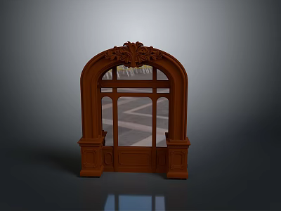 Traditional Brown Arched Door With Ornate Carved Design And Glass Panels 3d model
