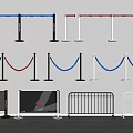 Various Types of Crowd Control Barriers With Red Blue Ropes And Metal Fences
