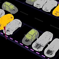 Various Colored Cars Neatly Parked In Parking Lot With Lines Grass And Street Lamp