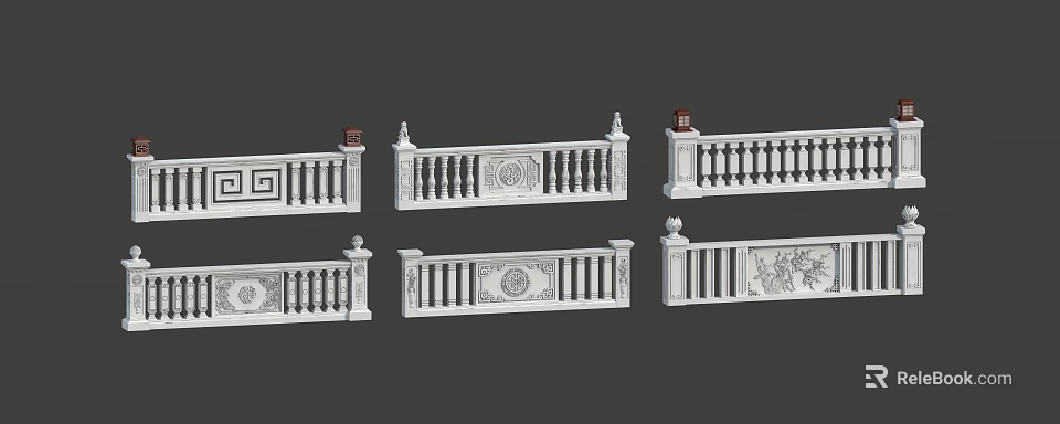 White Stone Balustrades With Carved Patterns Various Designs And Decorative Railings 3d model 