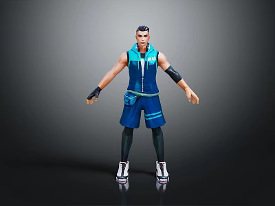 3D Character In Blue Vest And Shorts With Black Wristbands Standing On Gray Background 3d model