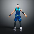 3D Character In Blue Vest And Shorts With Black Wristbands Standing On Gray Background