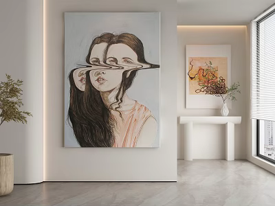 Modern Abstract Painting Featuring Two Overlapping Female Faces With Long Hair 3d model