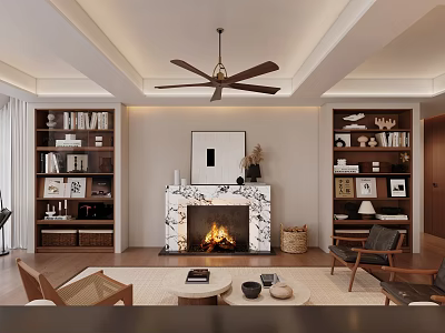Cozy Living Dining Room Interior With Marble Fireplace Built in Bookshelves And Ceiling Fan 3d model
