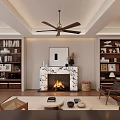 Cozy Living Dining Room Interior With Marble Fireplace Built in Bookshelves And Ceiling Fan