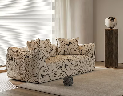 Modern Two Seater Sofa With Marble Pattern Cushions And Metal Sphere Decor 3d model