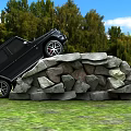 Black Off Road Vehicle Climbing Rocky Terrain In Nature With Trees And Blue Sky