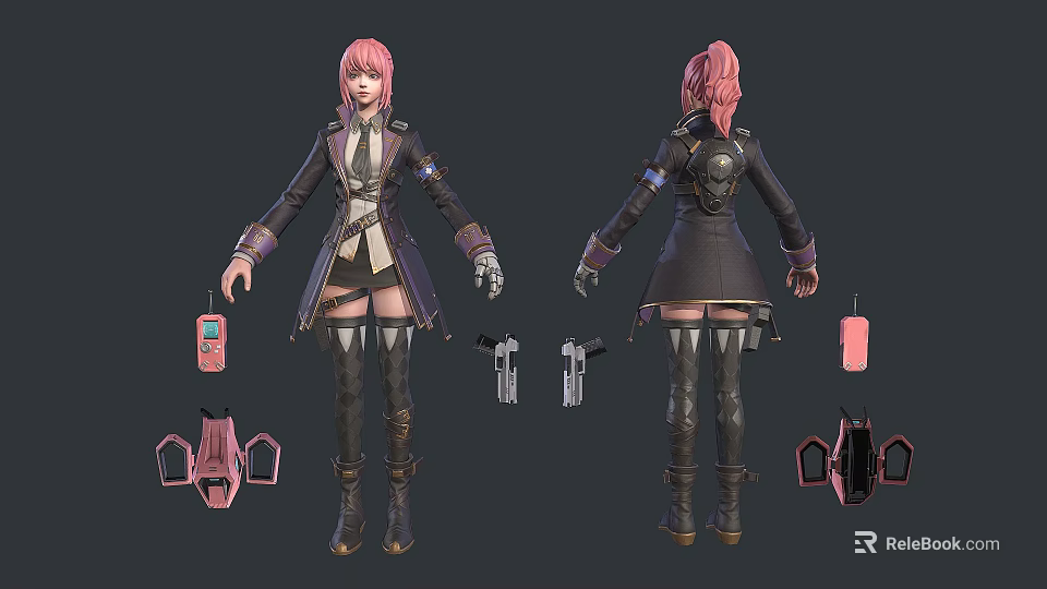 Woman with Pink Hair Wearing Black Coat Short Skirt Long Boots and Pink Handheld Device 3d model 