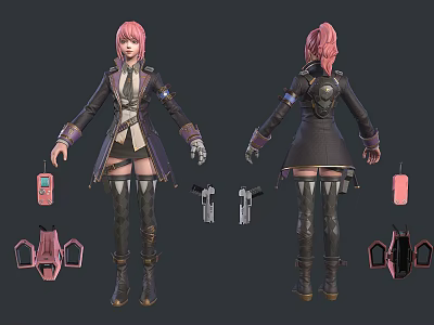 Woman with Pink Hair Wearing Black Coat Short Skirt Long Boots and Pink Handheld Device 3d model