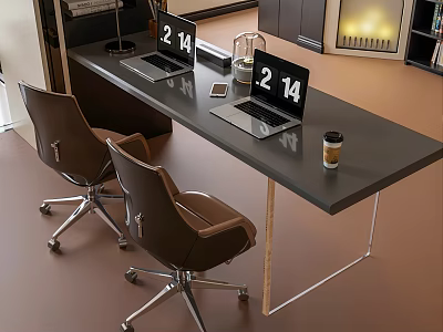 Modern Home Office Desk With Two Laptops Brown Chairs Coffee Cup Glass Kettle And Phone 3d model