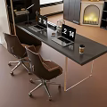 Modern Home Office Desk With Two Laptops Brown Chairs Coffee Cup Glass Kettle And Phone