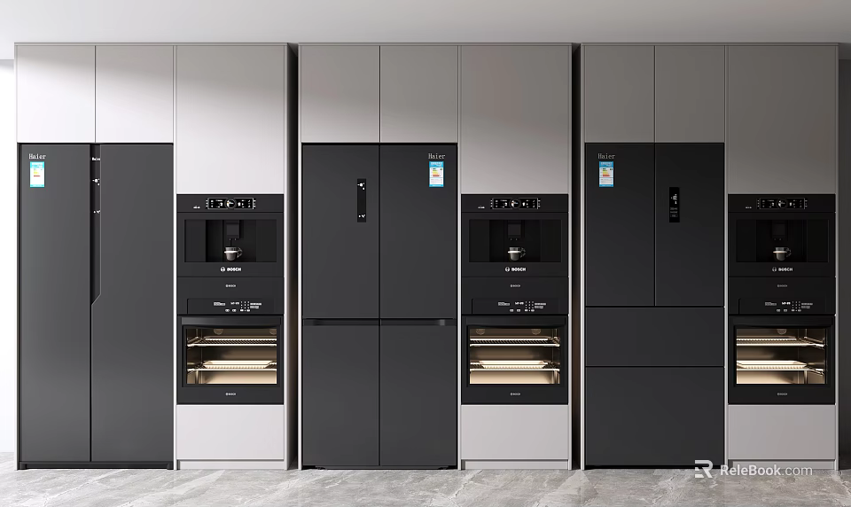 Modern Refrigerators and Freezers in Kitchen Cabinetry Display with Sleek Black Exterior 3d model 