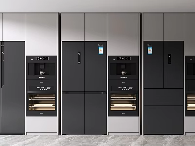 Modern Refrigerators and Freezers in Kitchen Cabinetry Display with Sleek Black Exterior 3d model