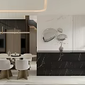 Modern Restaurant Interior Design With Dining Table Chairs Pendant Lights And Marble Counter