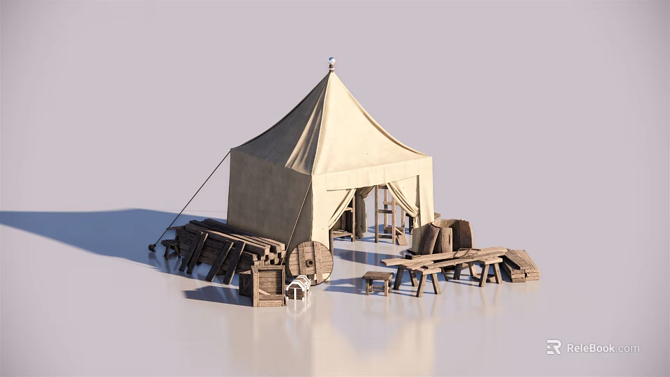 Beige Canvas Camping Tent With Rustic Wooden Benches Tables And Barrels 3d model 