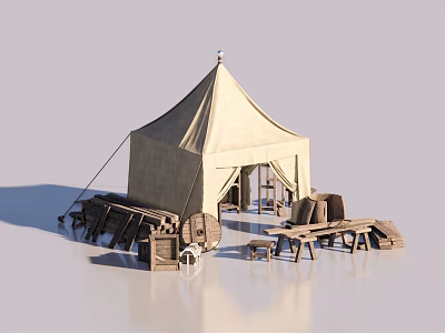 Beige Canvas Camping Tent With Rustic Wooden Benches Tables And Barrels 3d model