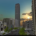 Urban Road Infrastructure With Street Lamps And High-Rise Buildings At Sunset