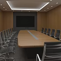 Modern Conference Room With Long Table Black Chairs Wooden And Marble Walls And Ceiling Lights