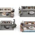 Elegant Modern Sofa Coffee Table Set With Armchair Side Table And Pillows 3d model