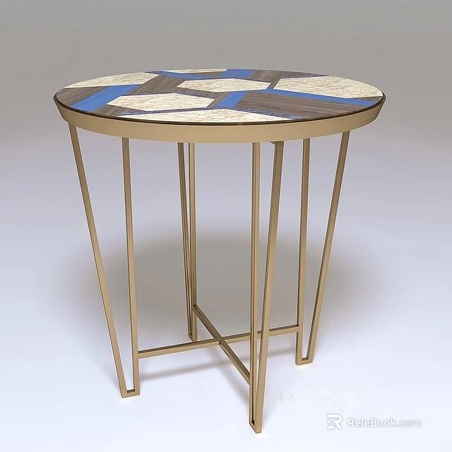 Round Side Table with Mosaic Top and Golden Metal Legs Modern Design 3d model 