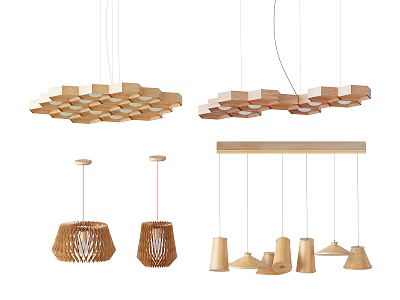 Modern Wooden Pendant Lights With Hexagonal Linear And Woven Shade Designs 3d model