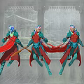 Game Movie Character Blue Pink Hair Green Red Outfit Holding Spear Red Cape Gray Architecture