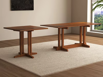 Two Wooden Dining Tables On Light Colored Rug With Window And Green Plant 3d model