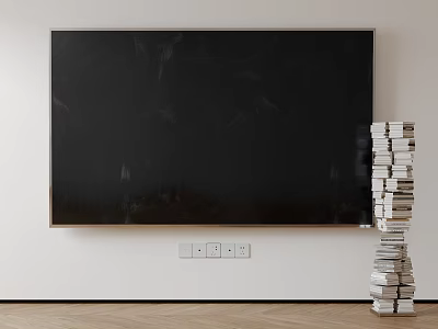 Black Wall Mounted Television Against White Wall with Stacked Books and Wooden Floor 3d model