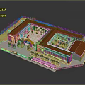 3D Architectural Building Model With Red Roof Blue Walls And Courtyard Green Plants