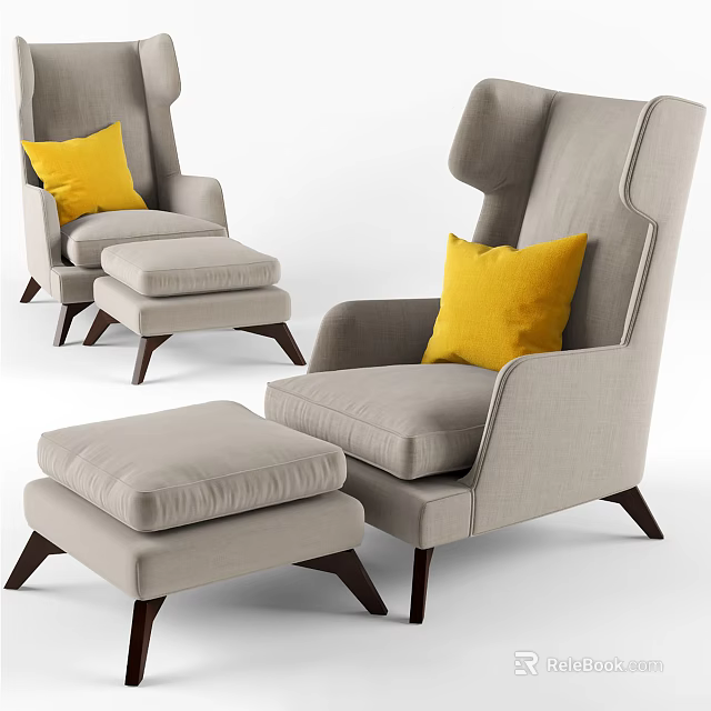 Modern Light Gray Fabric Wingback Armchair With Yellow Pillow And Wooden Leg Ottoman 3d model 