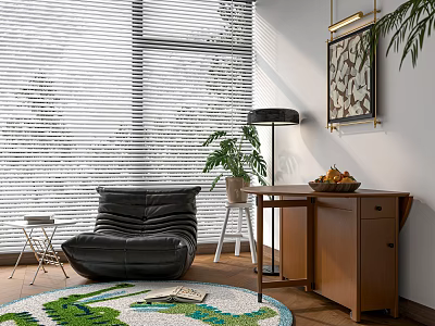Wooden Dining Table with Fruit Bowl Potted Plant Floor Lamp and Decorative Painting in Cozy Room 3d model