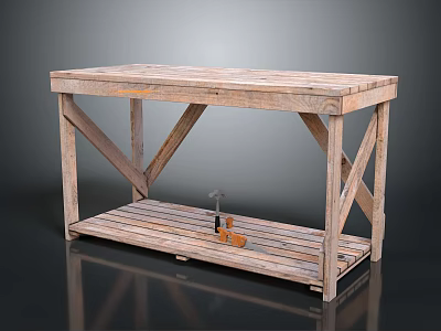 Wooden Workbench With X Shaped Braces And Lower Shelf Holding Hammer And Nails 3d model