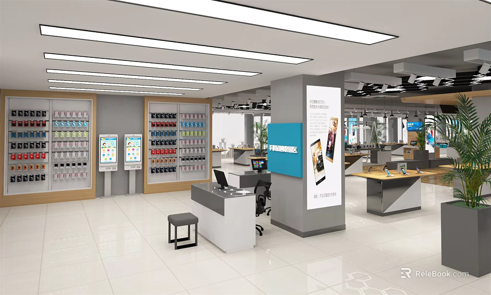 Modern Digital Store Interior With Smartphones Accessories Display Shelves And Counter 3d model 