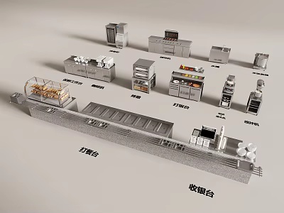 Commercial Kitchen Layout With Cooking Preparation Counter Dish Collection Counter Refrigerator And Workbench 3d model
