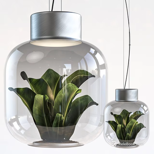 Modern Transparent Glass Pendant Light With Green Leaves And Silver Top Design 3d model 