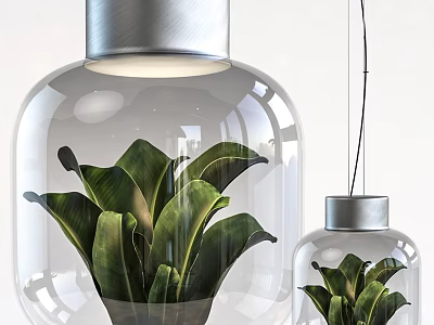 Modern Transparent Glass Pendant Light With Green Leaves And Silver Top Design 3d model