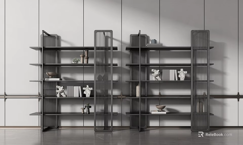 Modern Bookcase With Open Design Metal Frame Multiple Shelves Displaying Books And Decorative Items 3d model 