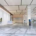 Modern Lobby Reception Desk With Marble Floor Columns And Decorative Plants 3d model