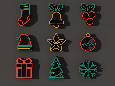 Colorful Christmas Decorative Lights With Festive Icons Socks Bell Star And Snowflake 3d model