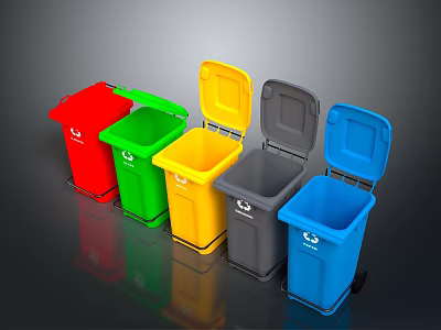 Colorful Recycling Bins In Red Green Yellow Gray And Blue With Recycle Symbol 3d model