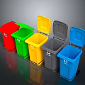 Colorful Recycling Bins In Red Green Yellow Gray And Blue With Recycle Symbol