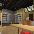Spicy Restaurant With Glass Facade Red Yellow Walls Tables And Chairs