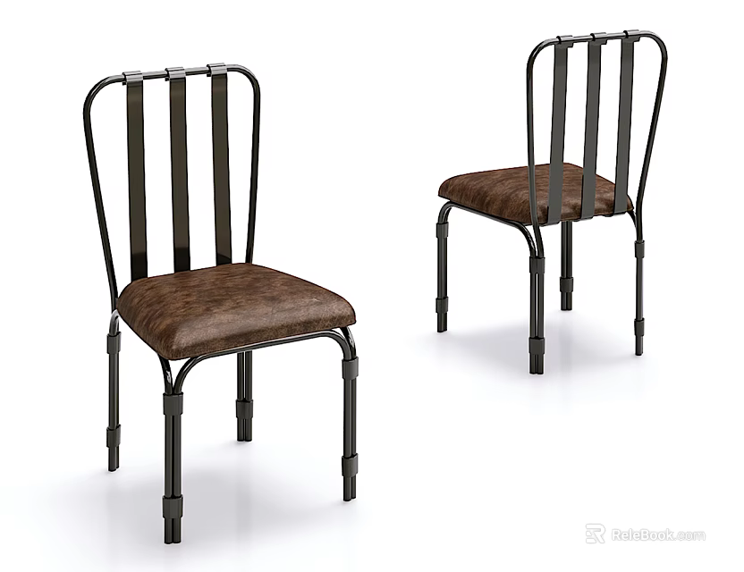 Stylish Dining Chairs with Black Metal Frame Brown Textured Seat Cushion and Vertical Slat Backrest 3d model 