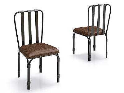Stylish Dining Chairs with Black Metal Frame Brown Textured Seat Cushion and Vertical Slat Backrest 3d model