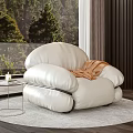 White Leather Armchair With Round Design Side Table Floor Lamp And Green Plants Outside Window