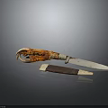 Antique Weapon Knife With Intricately Carved Horn Handle And Dark Wooden Sheath