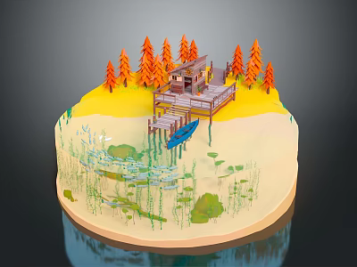 Cartoon Scene With Wooden Cabin Dock Boat Trees And Water Area On Circular Base 3d model