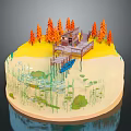 Cartoon Scene With Wooden Cabin Dock Boat Trees And Water Area On Circular Base